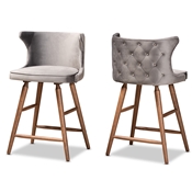 Baxton Studio Sagira Modern and Contemporary Transitional Grey Velvet Fabric Upholstered and Walnut Brown Finished Wood 2-Piece Counter Stool Set